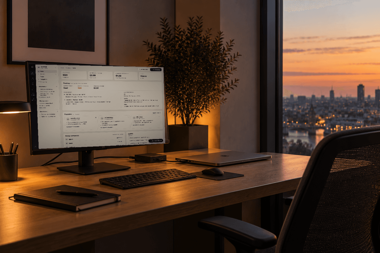 A workstation at dusk in a London tower, the Morpheus deal workspace on the monitor, the city skyline beyond the glass