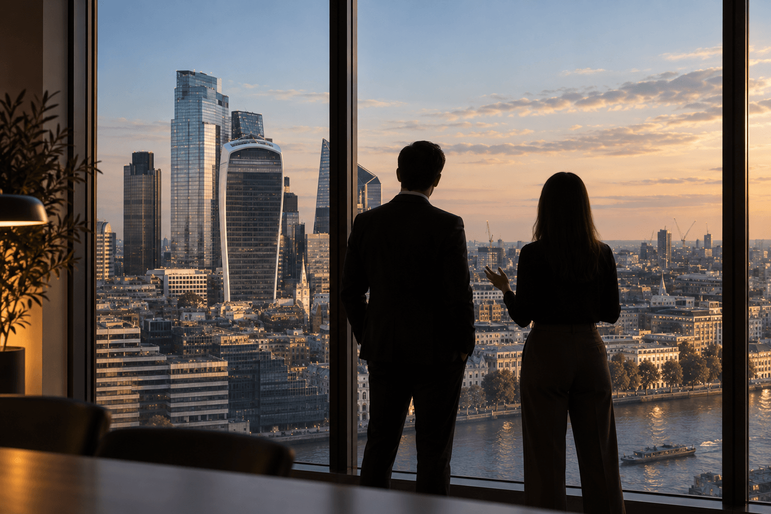 Two people at floor-to-ceiling glass on a high floor, looking out over the city at dusk