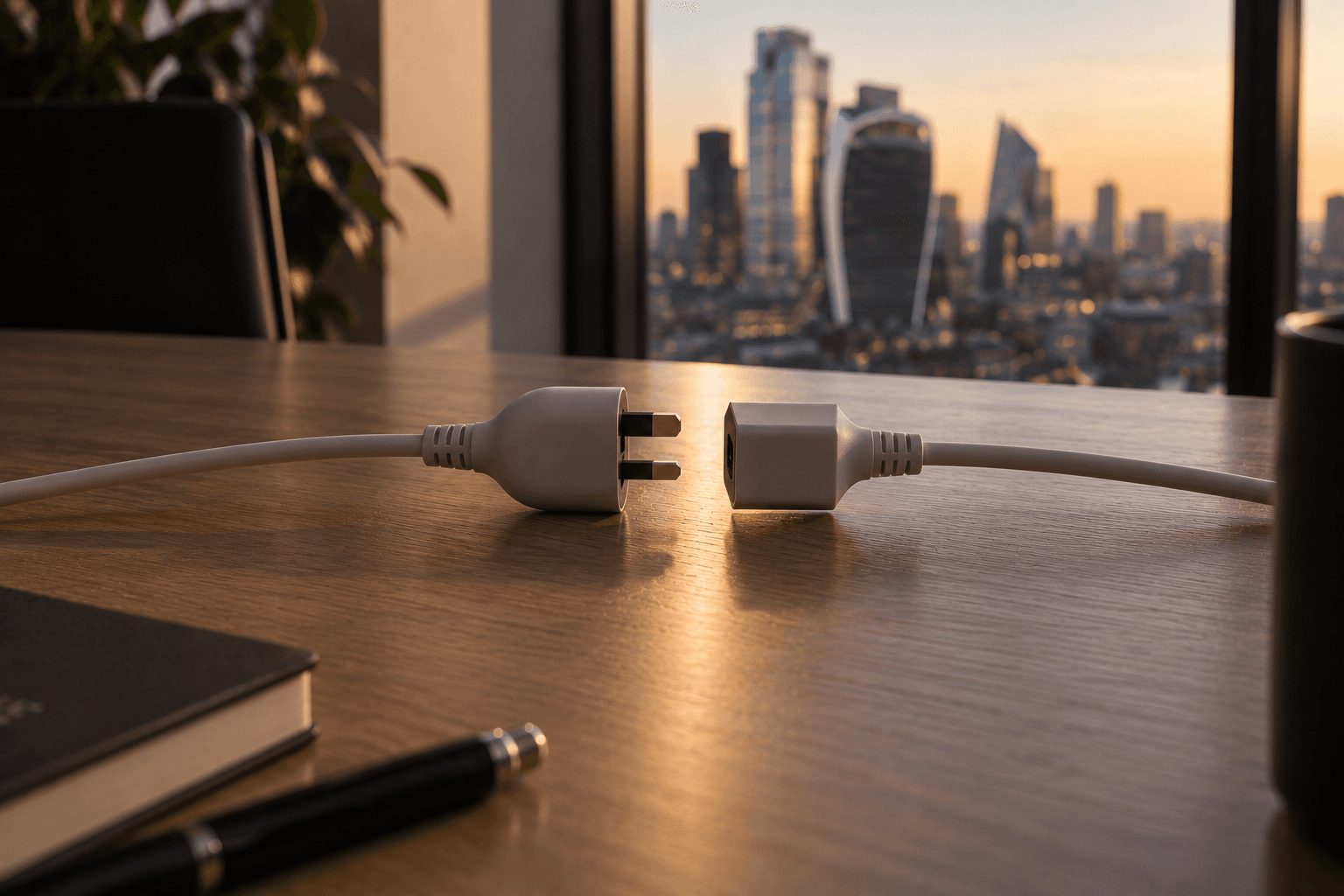 A plug and socket resting apart on an oak desk at sunset, the City of London skyline beyond the glass